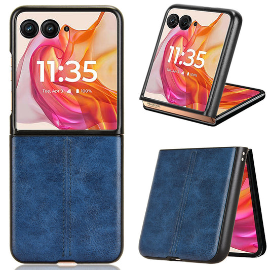For Motorola Razr 50 Ultra 5G Case Stitching Line Leather Hard PC Phone Cover - Blue
