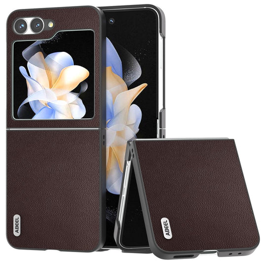 ABEEL For Samsung Galaxy Z Flip7 FE 5G / Z Flip6 5G Case Black Edge Genuine Cow Leather PC Phone Cover - Coffee