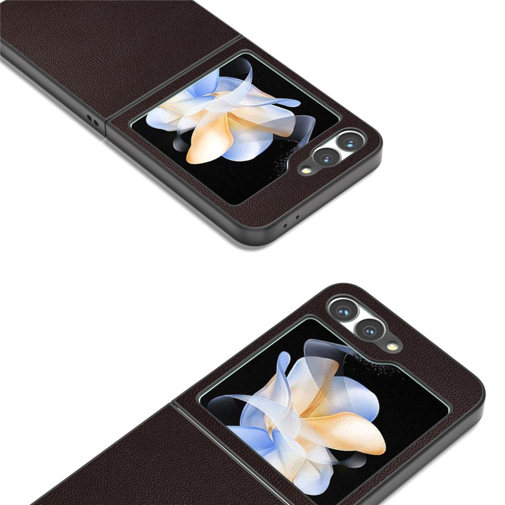 ABEEL For Samsung Galaxy Z Flip7 FE 5G / Z Flip6 5G Case Black Edge Genuine Cow Leather PC Phone Cover - Coffee