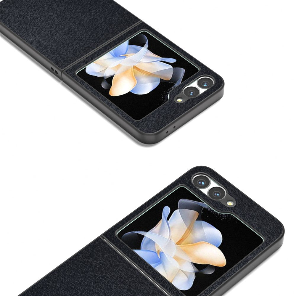 ABEEL For Samsung Galaxy Z Flip7 FE 5G / Z Flip6 5G Case Black Edge Genuine Cow Leather PC Phone Cover - Blue