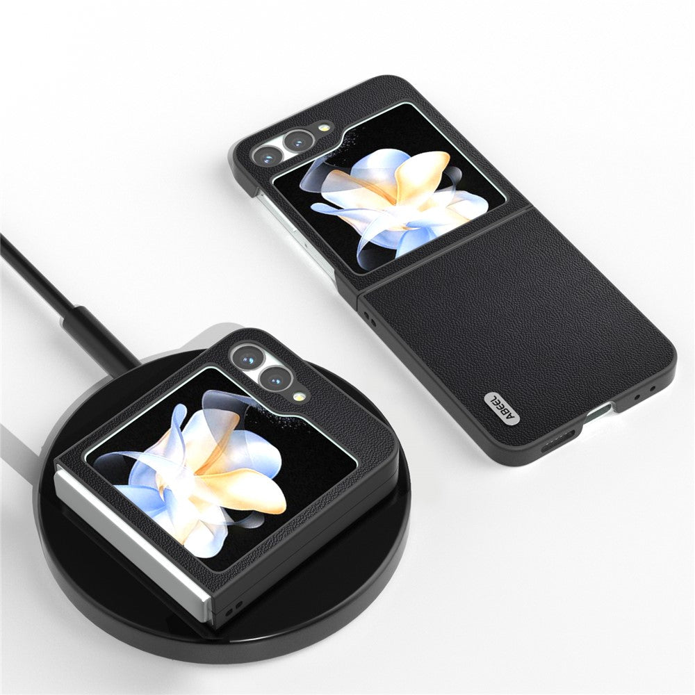 ABEEL For Samsung Galaxy Z Flip7 FE 5G / Z Flip6 5G Case Black Edge Genuine Cow Leather PC Phone Cover - Black