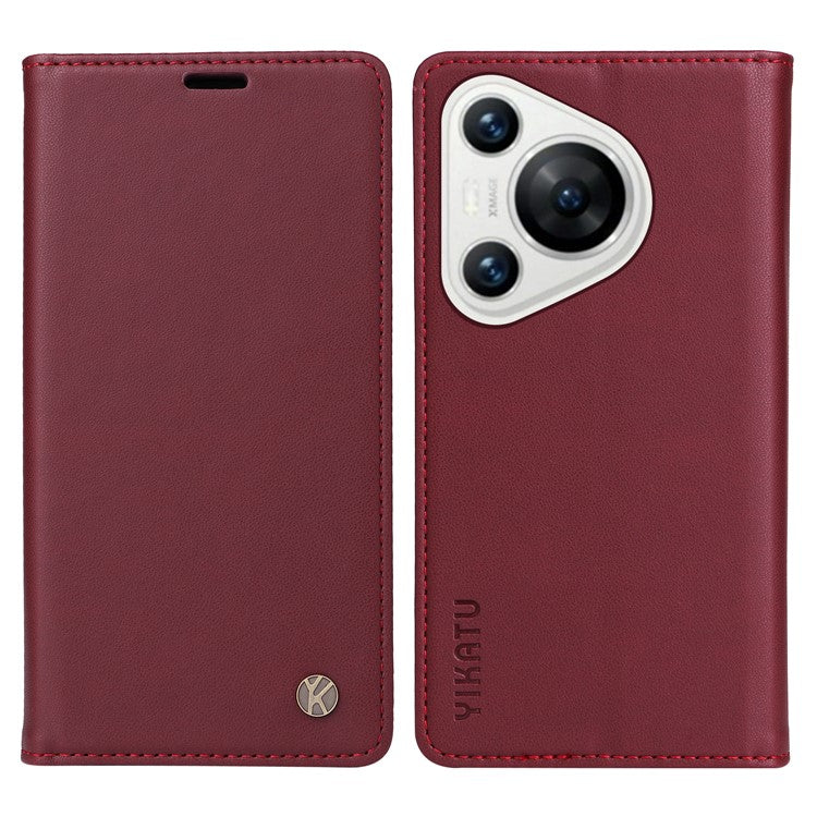 YIKATU YK-001 For Huawei Pura 70 Case Leather Phone Cover Card Slot Stand Strong Magnetic - Wine Red