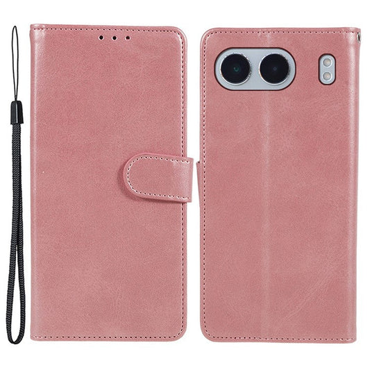 For OnePlus Nord 4 Case Card Holder Wallet PU Leather Phone Cover Calf Texture Wrist Strap - Rose Gold