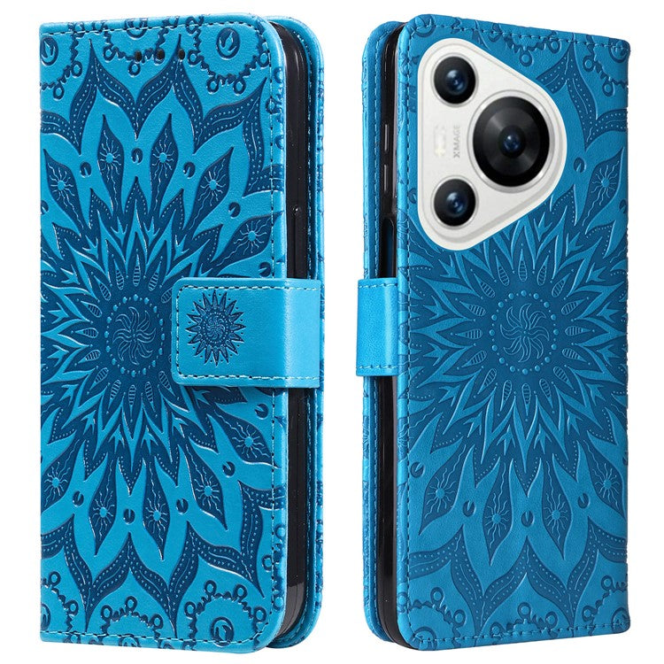 KT Imprinting Flower Series-1 For Huawei Pura 70 Case Leather Sunflower Phone Cover Stand Card Slot - Blue