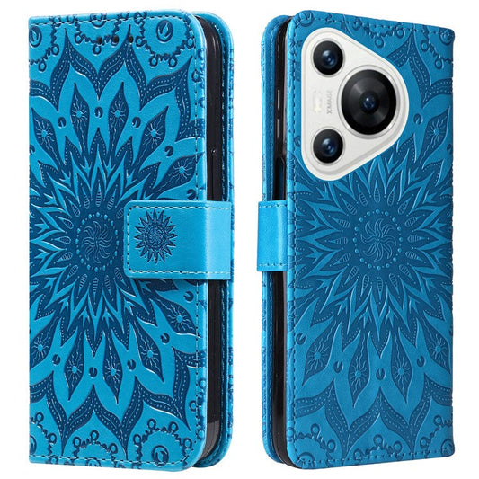 KT Imprinting Flower Series-1 For Huawei Pura 70 Case Leather Sunflower Phone Cover Stand Card Slot - Blue