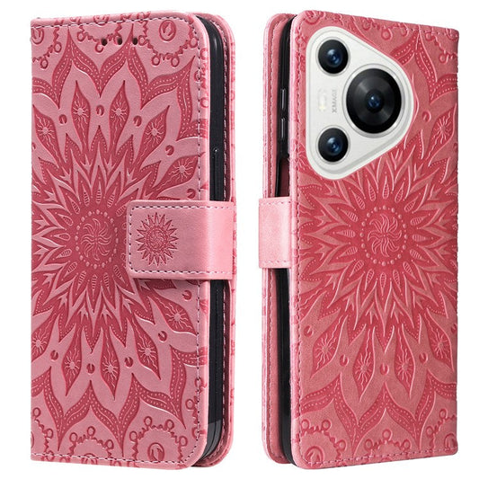 KT Imprinting Flower Series-1 For Huawei Pura 70 Case Leather Sunflower Phone Cover Stand Card Slot - Pink