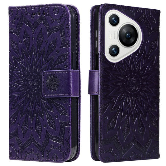 KT Imprinting Flower Series-1 For Huawei Pura 70 Case Leather Sunflower Phone Cover Stand Card Slot - Purple