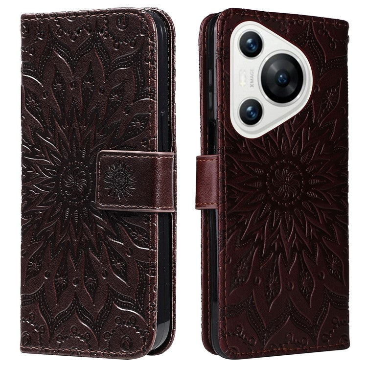KT Imprinting Flower Series-1 For Huawei Pura 70 Case Leather Sunflower Phone Cover Stand Card Slot - Brown