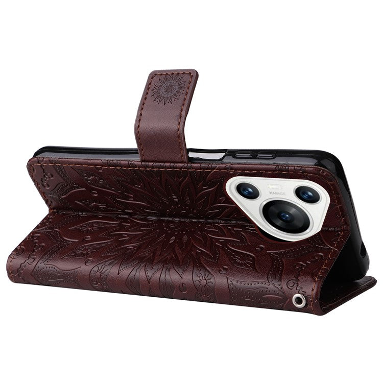 KT Imprinting Flower Series-1 For Huawei Pura 70 Case Leather Sunflower Phone Cover Stand Card Slot - Brown