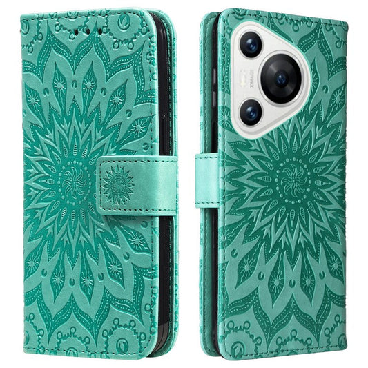 KT Imprinting Flower Series-1 For Huawei Pura 70 Case Leather Sunflower Phone Cover Stand Card Slot - Green