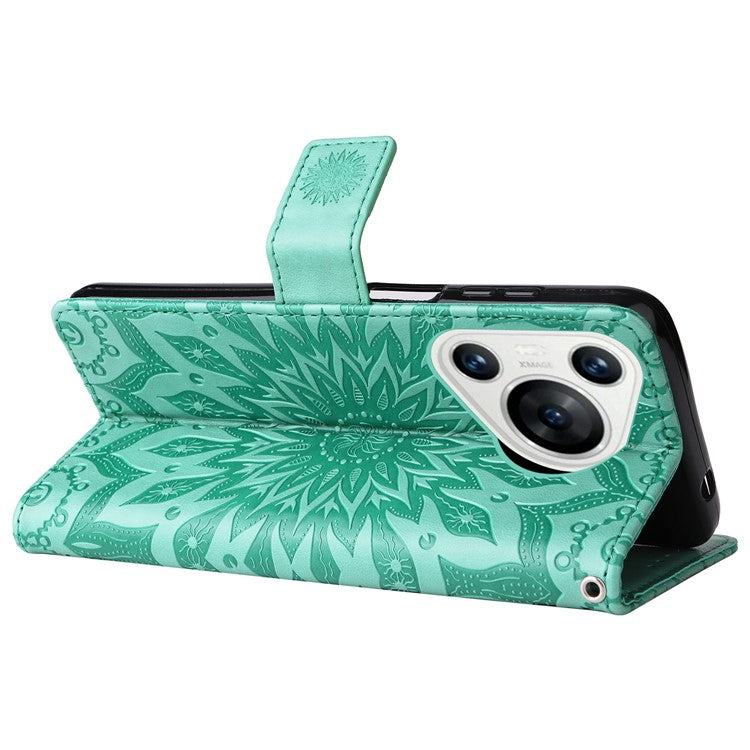 KT Imprinting Flower Series-1 For Huawei Pura 70 Case Leather Sunflower Phone Cover Stand Card Slot - Green
