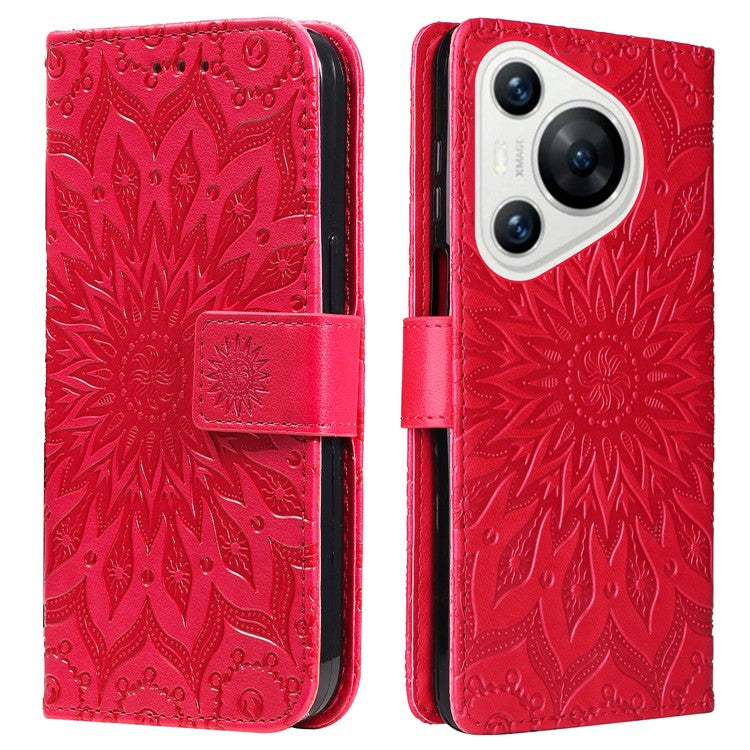 KT Imprinting Flower Series-1 For Huawei Pura 70 Case Leather Sunflower Phone Cover Stand Card Slot - Red