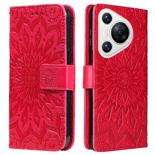 KT Imprinting Flower Series-1 For Huawei Pura 70 Case Leather Sunflower Phone Cover Stand Card Slot - Red