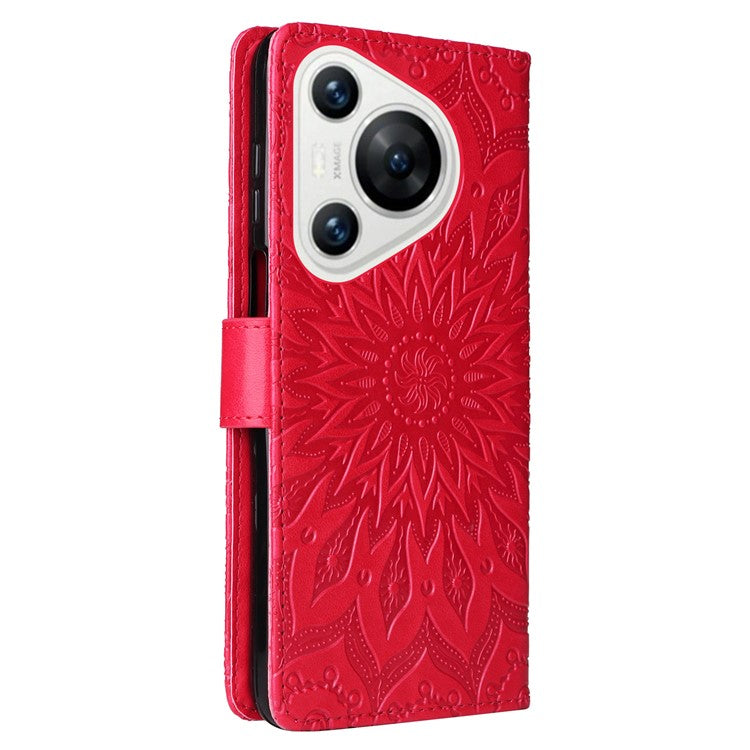 KT Imprinting Flower Series-1 For Huawei Pura 70 Case Leather Sunflower Phone Cover Stand Card Slot - Red