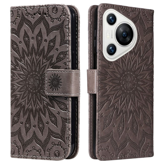 KT Imprinting Flower Series-1 For Huawei Pura 70 Case Leather Sunflower Phone Cover Stand Card Slot - Grey