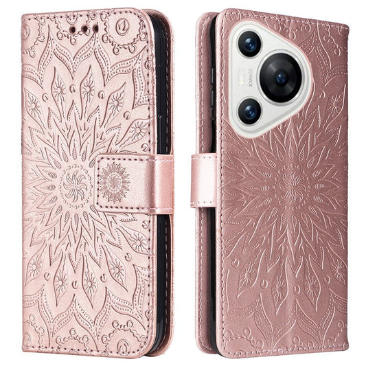 KT Imprinting Flower Series-1 For Huawei Pura 70 Case Leather Sunflower Phone Cover Stand Card Slot - Rose Gold