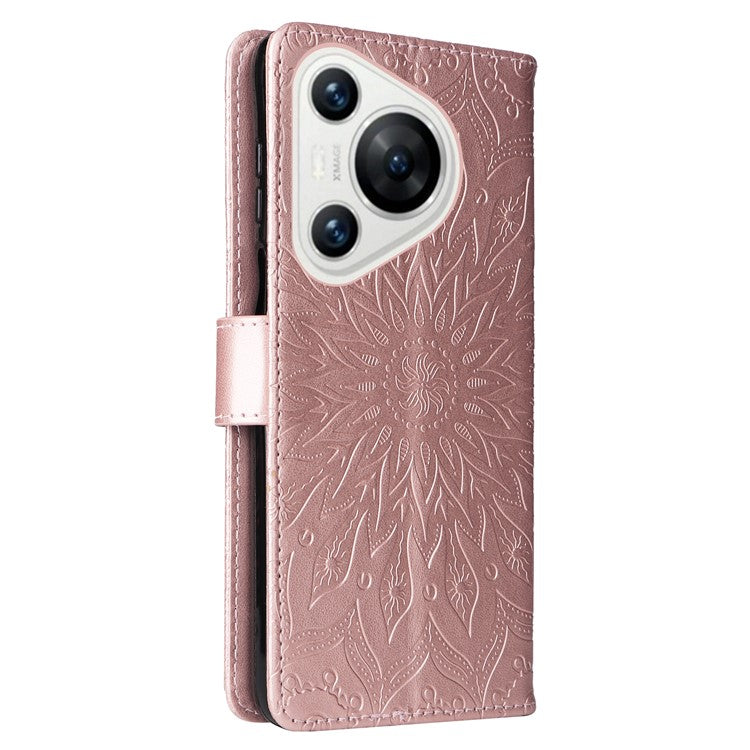 KT Imprinting Flower Series-1 For Huawei Pura 70 Case Leather Sunflower Phone Cover Stand Card Slot - Rose Gold