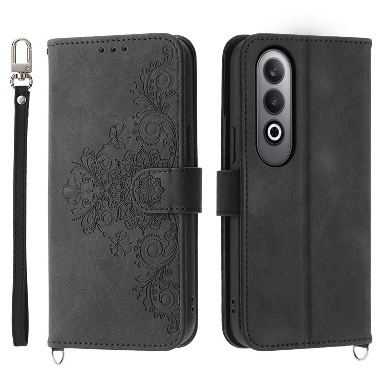 For Oppo K12 / OnePlus Nord CE4 5G Case Flower Imprint Leather Wallet Phone Cover - Black