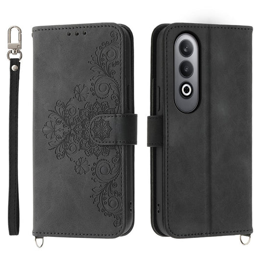 For Oppo K12 / OnePlus Nord CE4 5G Case Flower Imprint Leather Wallet Phone Cover - Black