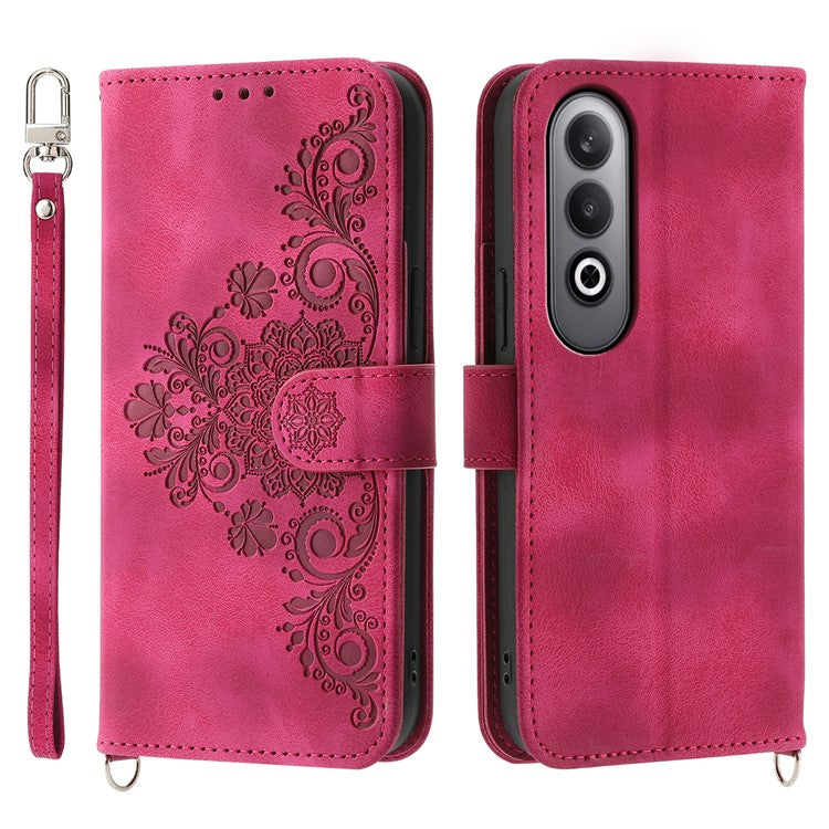 For Oppo K12 / OnePlus Nord CE4 5G Case Flower Imprint Leather Wallet Phone Cover - Wine Red