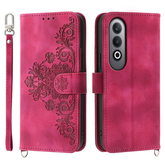 For Oppo K12 / OnePlus Nord CE4 5G Case Flower Imprint Leather Wallet Phone Cover - Wine Red
