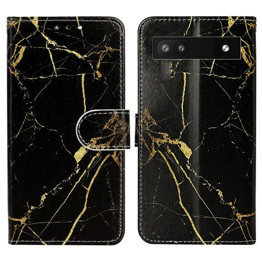 For Google Pixel 8a Case Leather Pattern Design Flip Wallet Phone Cover -  Black Gold Marble
