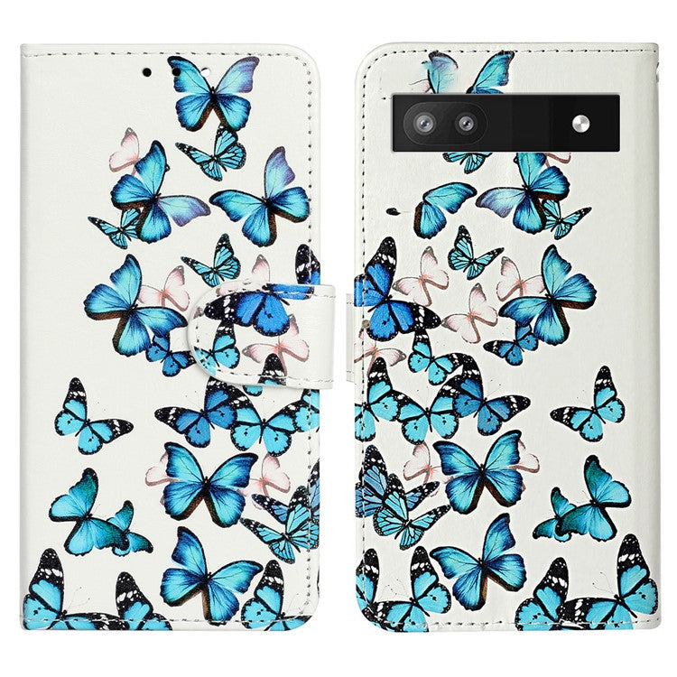 For Google Pixel 8a Case Leather Pattern Design Flip Wallet Phone Cover - Blue Butterfly
