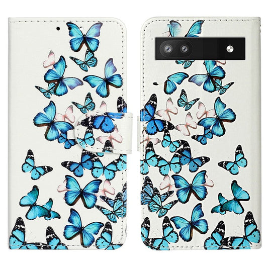 For Google Pixel 8a Case Leather Pattern Design Flip Wallet Phone Cover - Blue Butterfly