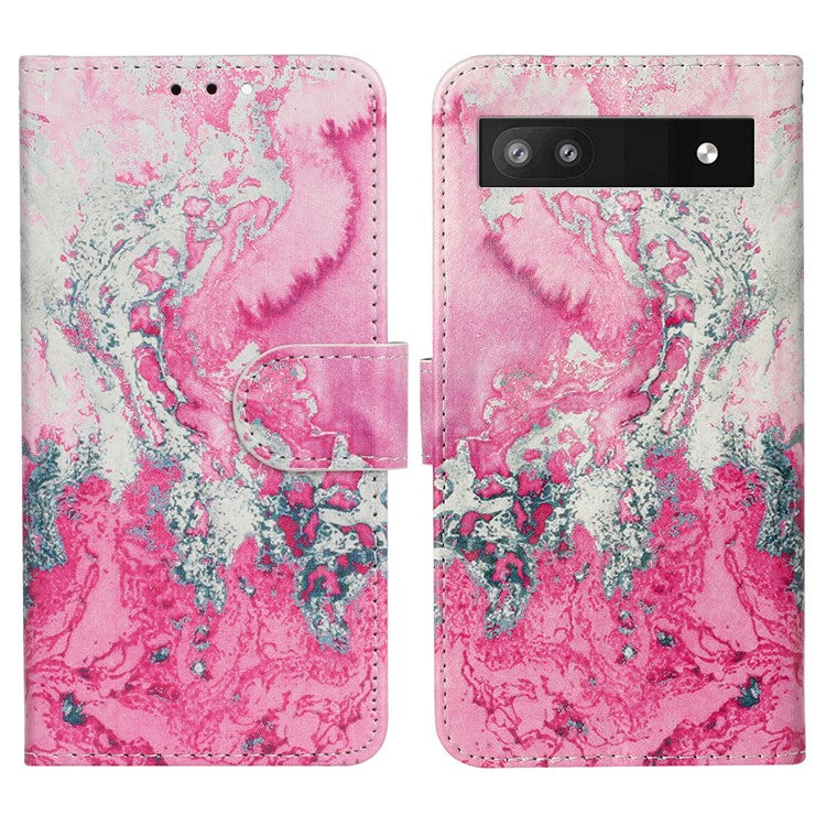 For Google Pixel 8a Case Leather Pattern Design Flip Wallet Phone Cover - Pink Seawater Marble