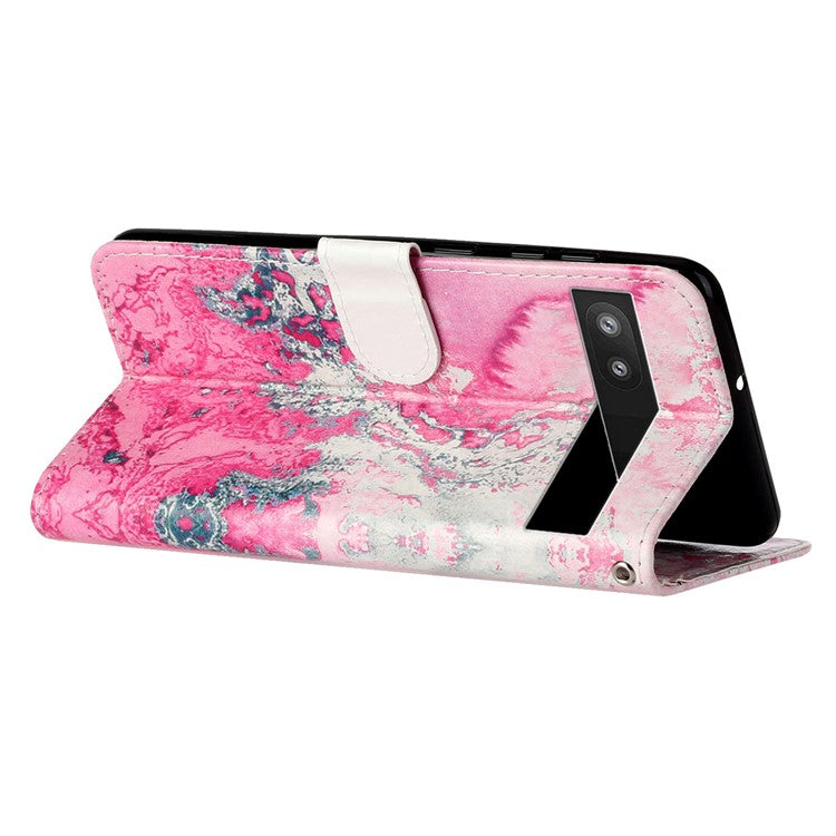For Google Pixel 8a Case Leather Pattern Design Flip Wallet Phone Cover - Pink Seawater Marble