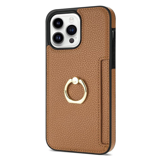 For iPhone 16 Pro Case PU Leather + TPU Card Holder Phone Cover with Kickstand - Brown