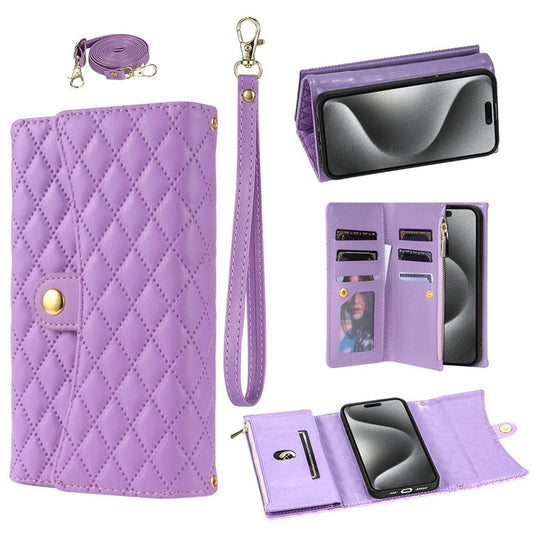 BKS-002 For iPhone 16 Pro Wallet Case PU Leather Stand Phone Cover with Shoulder Strap - Purple