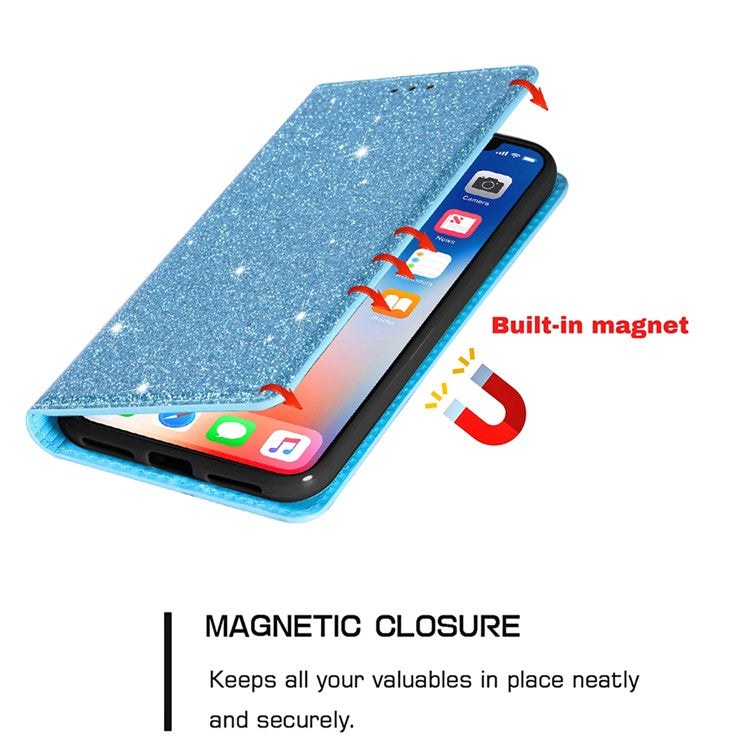 For iPhone 16 Pro Case Glittery Card Slot PU+TPU Phone Cover - Blue