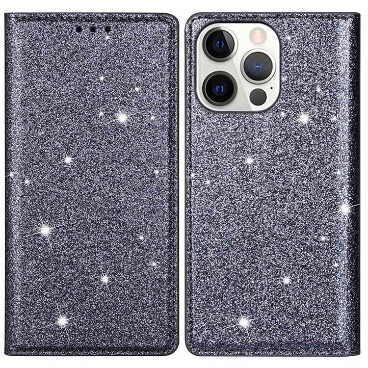 For iPhone 16 Pro Case Glittery Card Slot PU+TPU Phone Cover - Grey