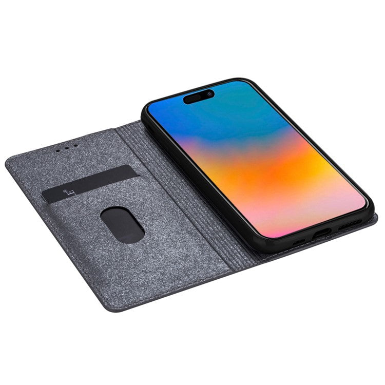 For iPhone 16 Pro Case Glittery Card Slot PU+TPU Phone Cover - Grey