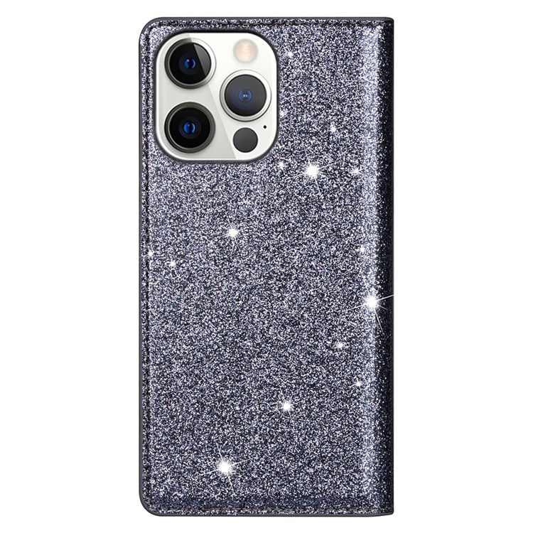 For iPhone 16 Pro Case Glittery Card Slot PU+TPU Phone Cover - Grey