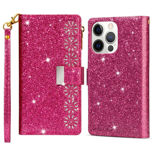 For iPhone 16 Pro Case Starry Sky Carving Leather Wallet Phone Cover - Rose