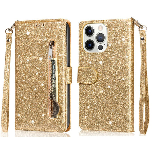 For iPhone 16 Pro Stand Case Glitter Phone Leather Cover Zipper Pocket - Gold