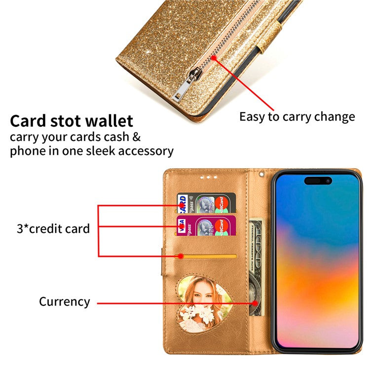 For iPhone 16 Pro Stand Case Glitter Phone Leather Cover Zipper Pocket - Gold