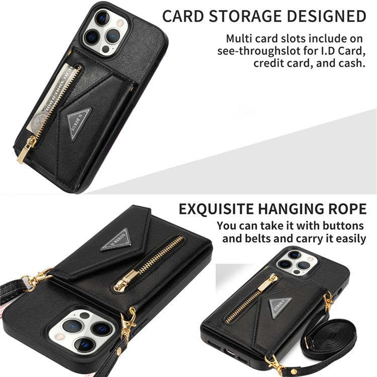 N.BEKUS For iPhone 16 Pro Case Card Slot Zipper Wallet Leather Phone Cover with Shoulder Strap - Black