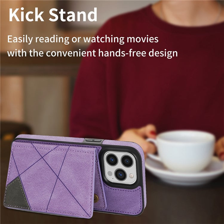 For iPhone 16 Pro Case Line Imprinted Color Splicing Leather Phone Cover - Purple