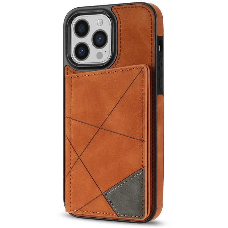 For iPhone 16 Pro Case Line Imprinted Color Splicing Leather Phone Cover - Orange