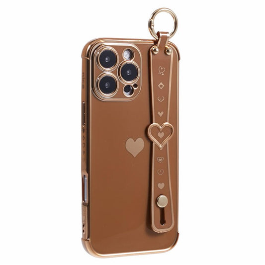 For iPhone 16 Pro Case Wristband Kickstand Love Heart TPU Phone Cover Finger Holder - Brown