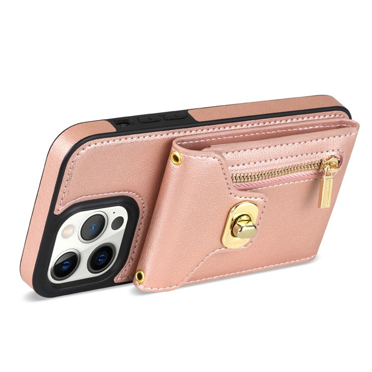 For iPhone 16 Pro Case Card Slots Kickstand PU+TPU Phone Cover with Shoulder Strap - Pink