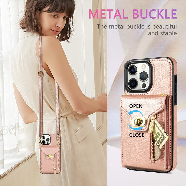 For iPhone 16 Pro Case Card Slots Kickstand PU+TPU Phone Cover with Shoulder Strap - Pink
