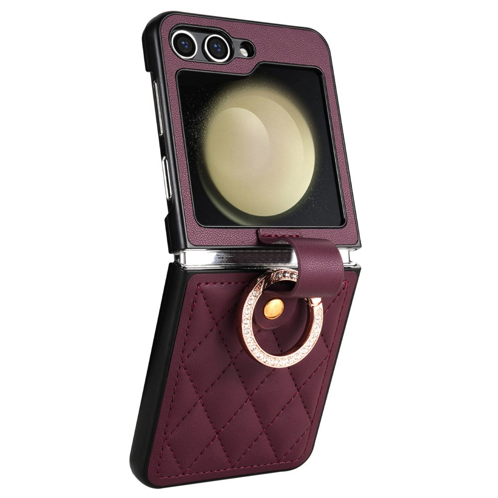 CSJ-P2 For Samsung Galaxy Z Flip7 FE 5G / Z Flip6 5G / Z Flip5 5G Case Stitching Leather Phone Cover Ring Kickstand - Wine Red