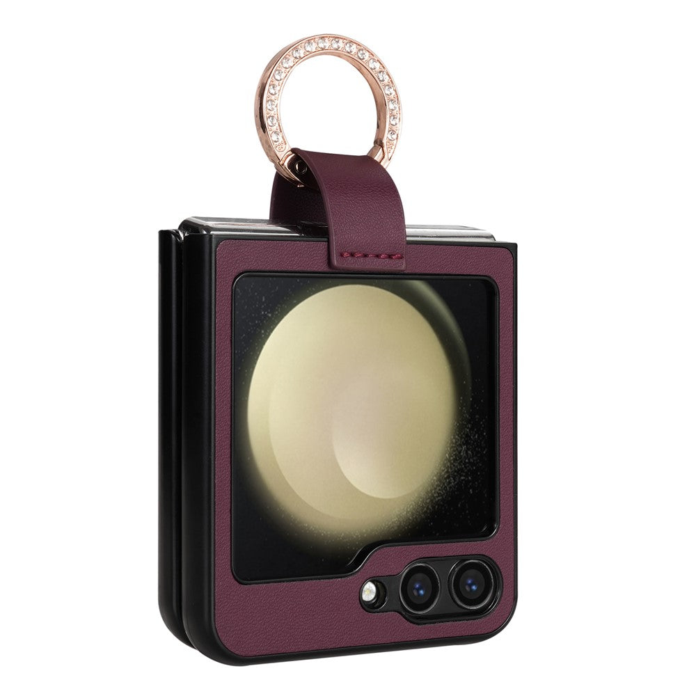 CSJ-P2 For Samsung Galaxy Z Flip7 FE 5G / Z Flip6 5G / Z Flip5 5G Case Stitching Leather Phone Cover Ring Kickstand - Wine Red
