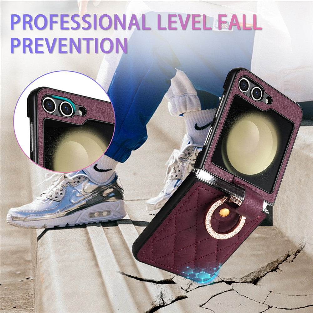 CSJ-P2 For Samsung Galaxy Z Flip7 FE 5G / Z Flip6 5G / Z Flip5 5G Case Stitching Leather Phone Cover Ring Kickstand - Wine Red
