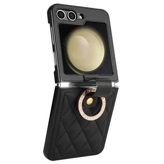 CSJ-P2 For Samsung Galaxy Z Flip7 FE 5G / Z Flip6 5G / Z Flip5 5G Case Stitching Leather Phone Cover Ring Kickstand - Black