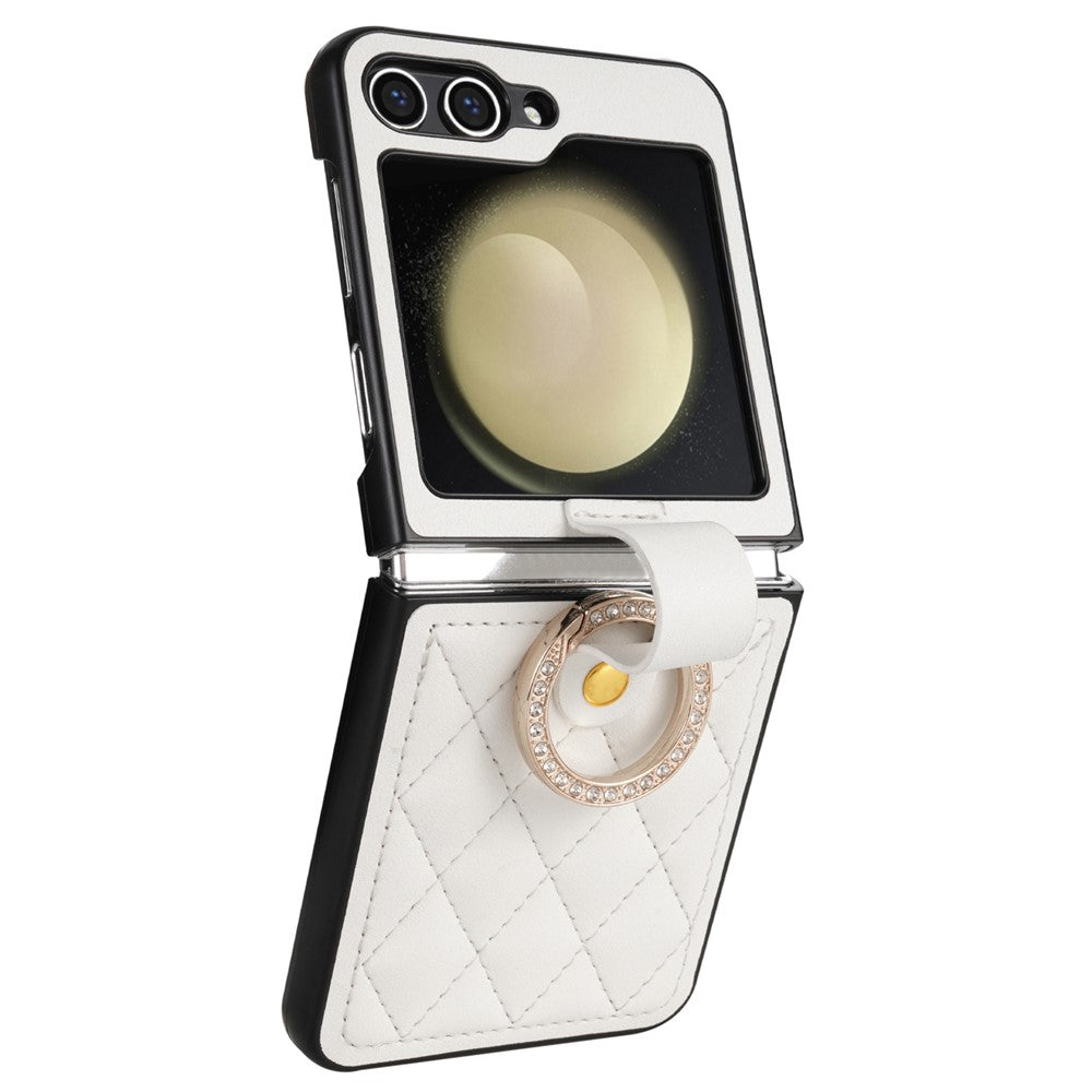 CSJ-P2 For Samsung Galaxy Z Flip7 FE 5G / Z Flip6 5G / Z Flip5 5G Case Stitching Leather Phone Cover Ring Kickstand - White